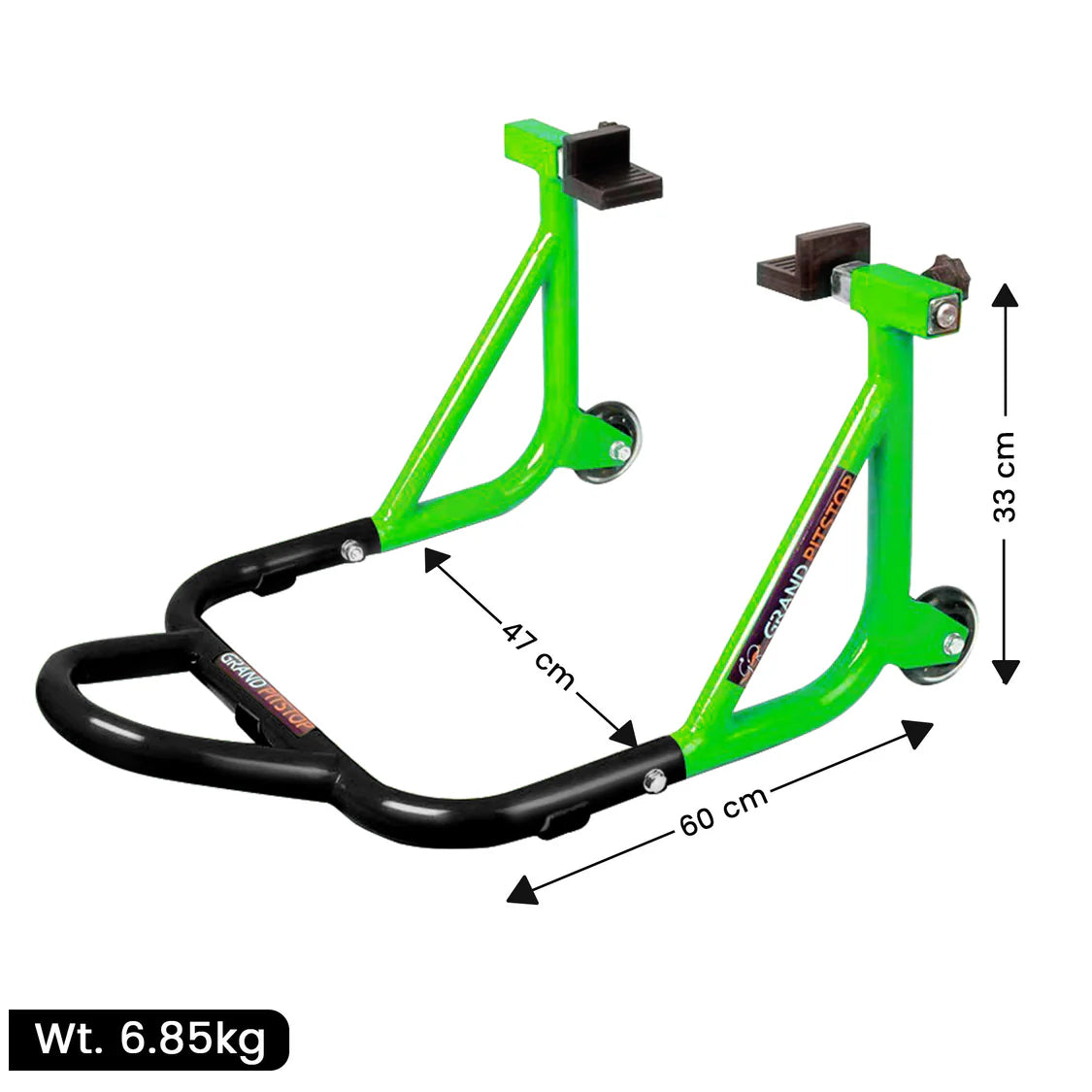 Dismantable Rear Paddock Stand with Skate Wheels - Black + Green - (Bike Wt upto: 450 kgs)