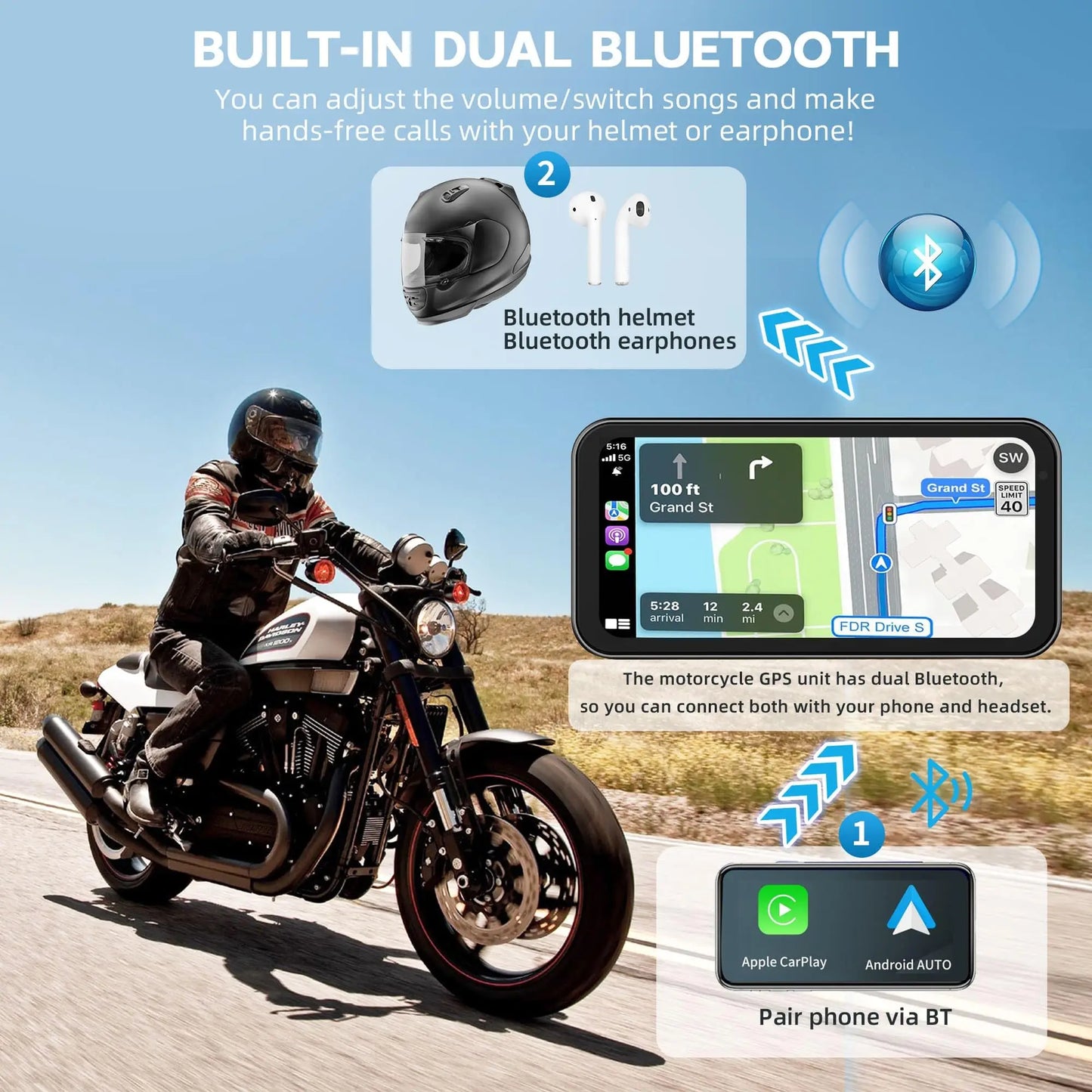 LBC MOTO Universal - S3 Elite 6.25 inch Motorcycle Navigation with Carplay 2K HD Screen with Camera Remote and TPMS