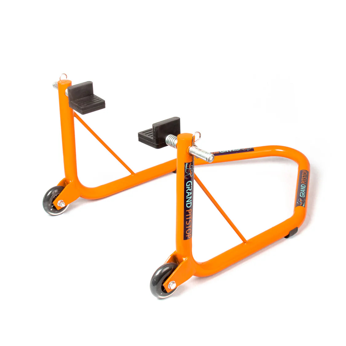 Non-Dismantable Universal Rear Paddock Stand with Skate Wheels - Orange - (Bike Wt upto: 350 kgs)