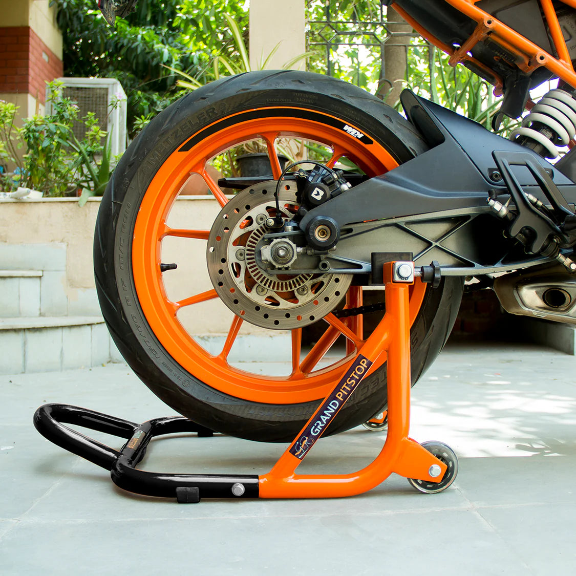 Dismantable Rear Paddock Stand with Skate Wheels - Black + Orange - (Bike Wt upto: 450 kgs)