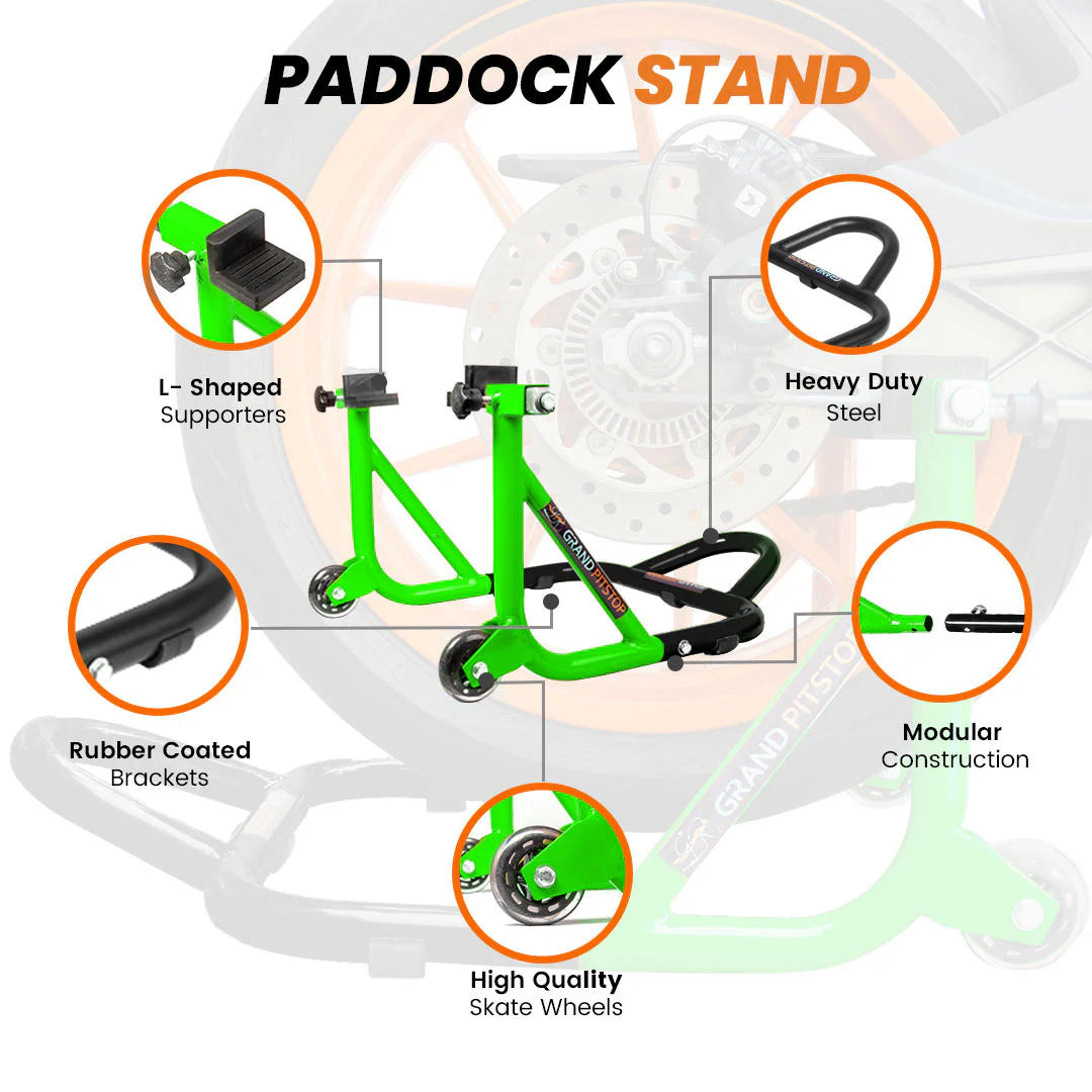 Dismantable Rear Paddock Stand with Skate Wheels - Black + Green - (Bike Wt upto: 450 kgs)