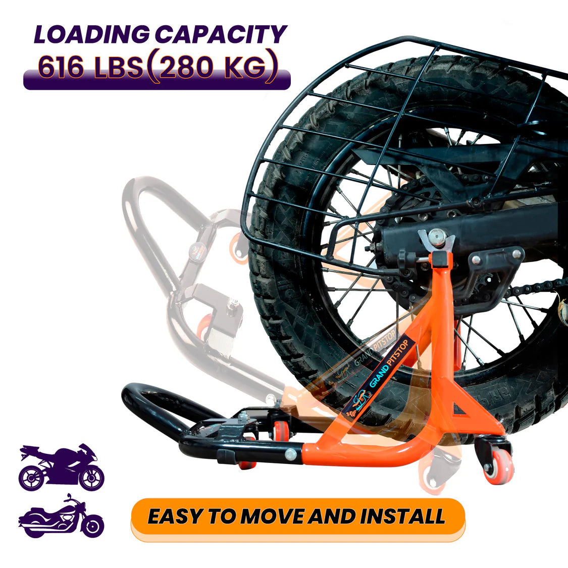 Dismantable Rear Paddock Stand with 360 Rotation- Black + Orange - (Bike Wt upto: 280 kgs)