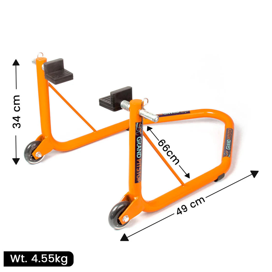 Non-Dismantable Universal Rear Paddock Stand with Skate Wheels - Orange - (Bike Wt upto: 350 kgs)