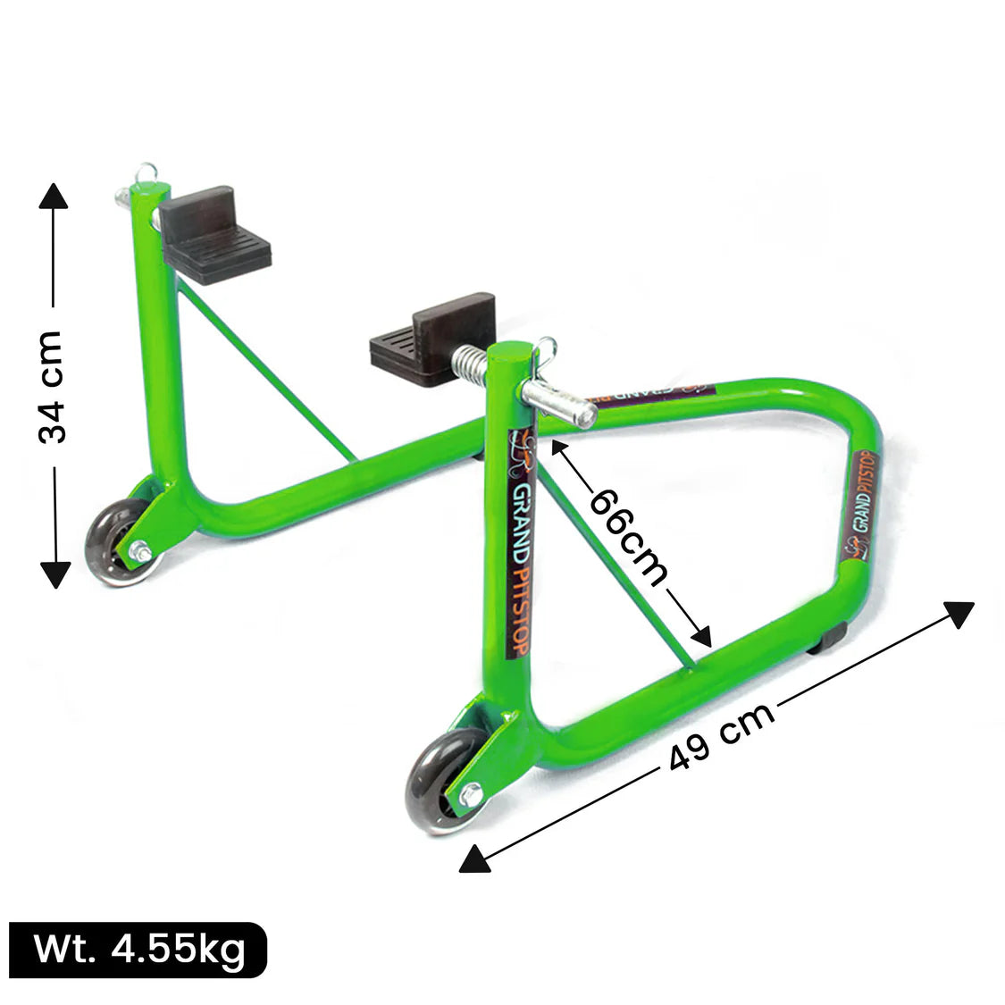 Non-Dismantable Universal Rear Paddock Stand with Skate Wheels - Green - (Bike Wt upto: 350 kgs)