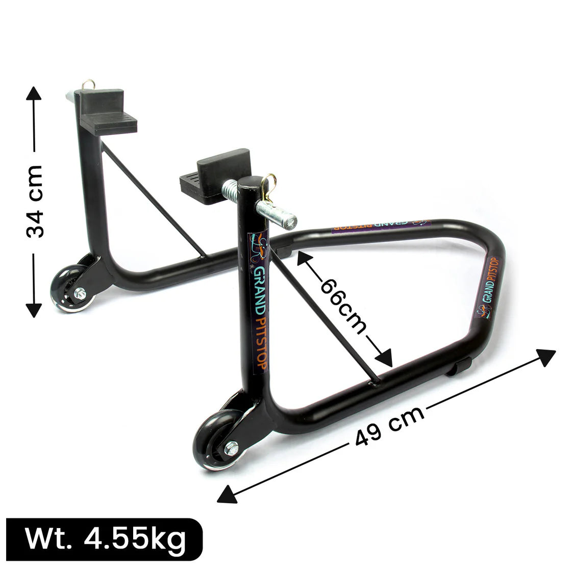 Non-Dismantable Universal Rear Paddock Stand with Skate Wheels - Black - (Bike Wt upto: 350 kgs)