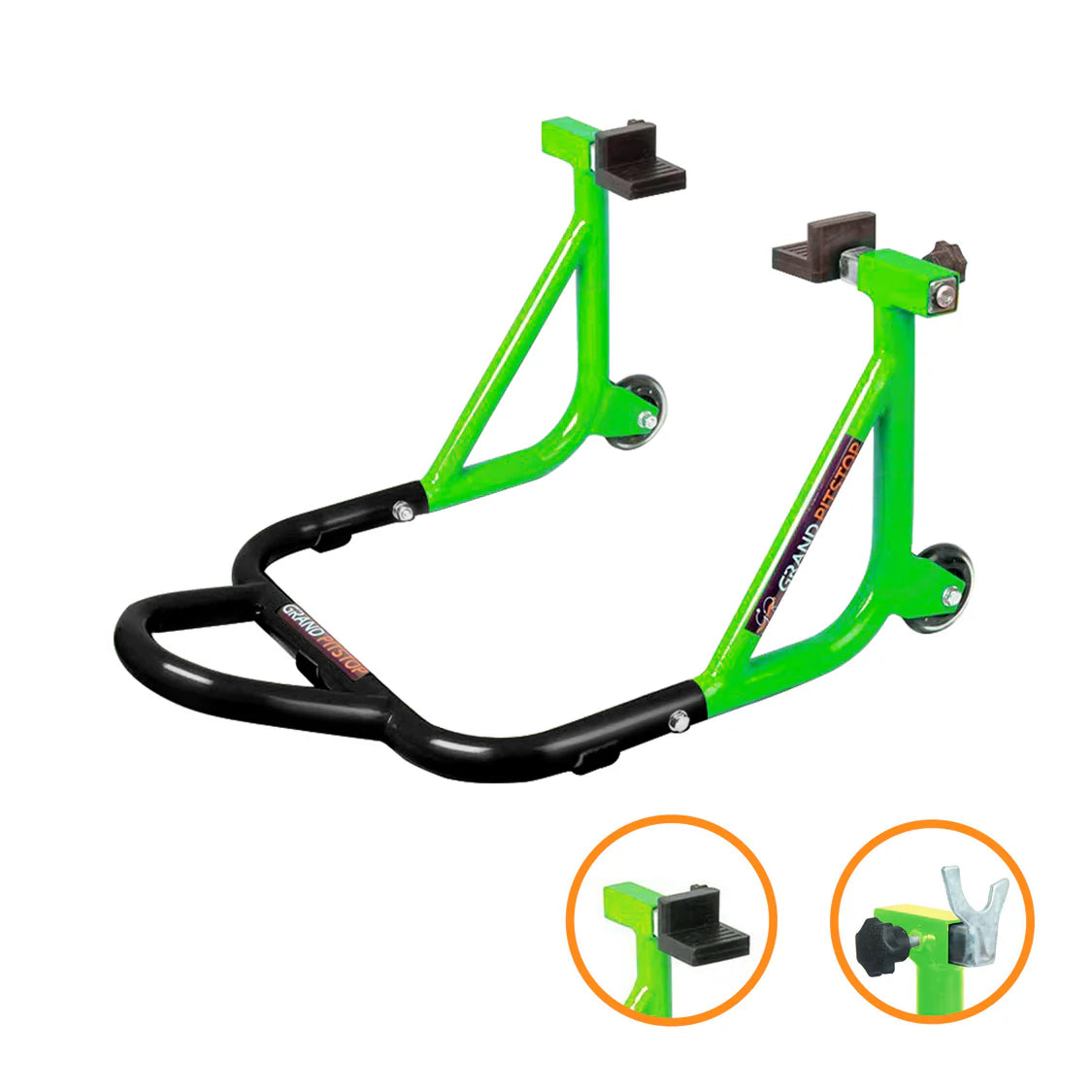 Dismantable Rear Paddock Stand with Skate Wheels - Black + Green - (Bike Wt upto: 450 kgs)