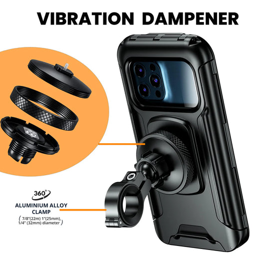 Waterproof Mobile Holder with Vibration Controller (Dampener) Handlebar Mount - Black