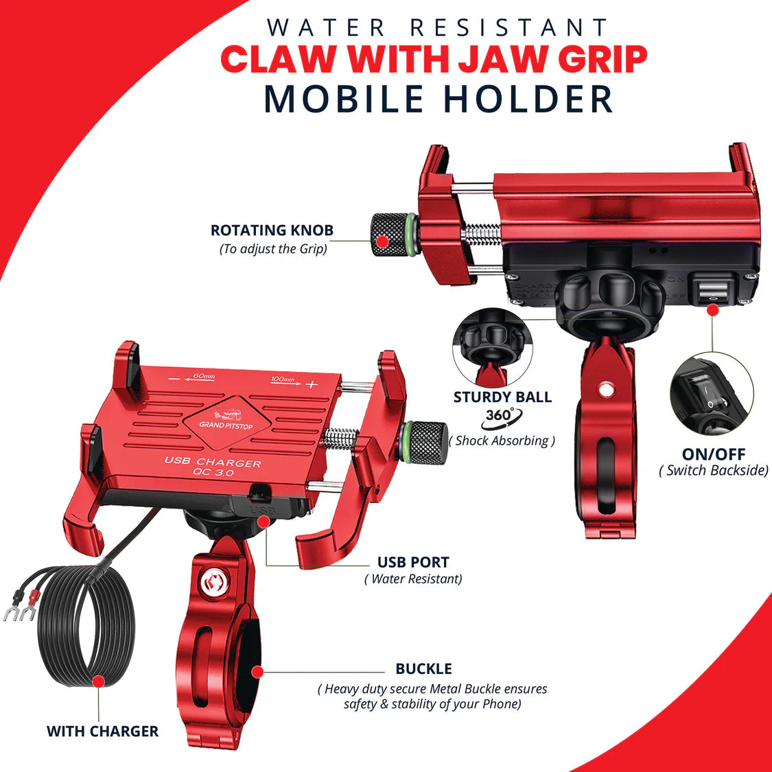 Claw with Jaw Grip Aluminium Mobile Holder with Charger - Red
