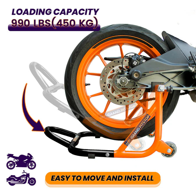 Dismantlable Rear Paddock Stand & Skate Wheels (Bike Wt upto: 450 kgs) - Black-Orange