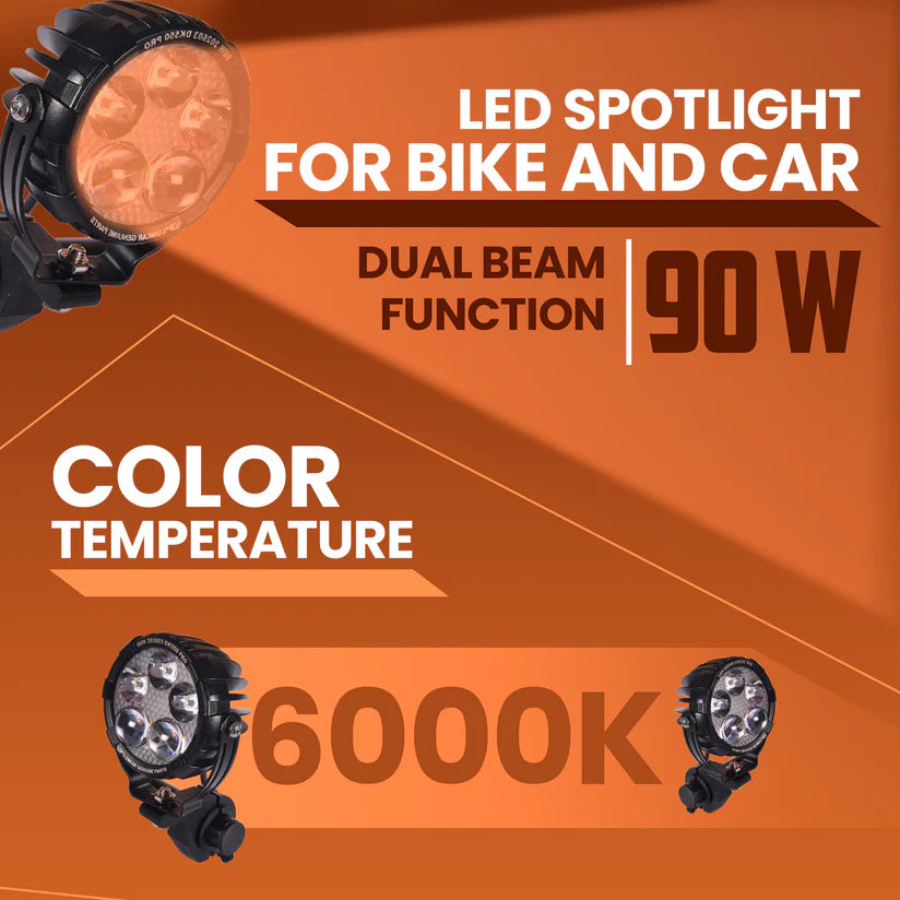 LGP DK-550 Pro 90W LED Spotlight for Bike & Car (Pair) | IP67 Waterproof High Power Auxiliary Fog Light | Universal Driving Lamp