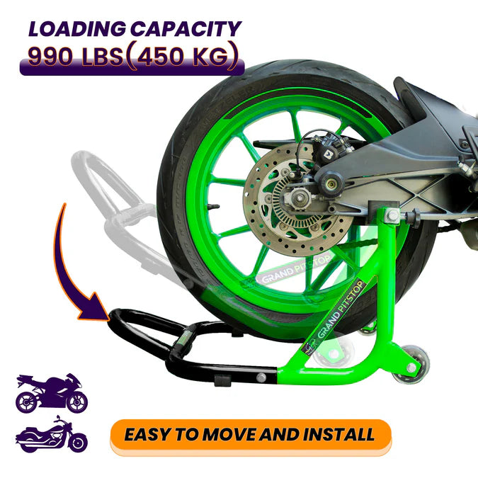 Dismantlable Rear Paddock Stand With Skate Wheels (Bike Wt upto: 450 kgs) - Black-Green