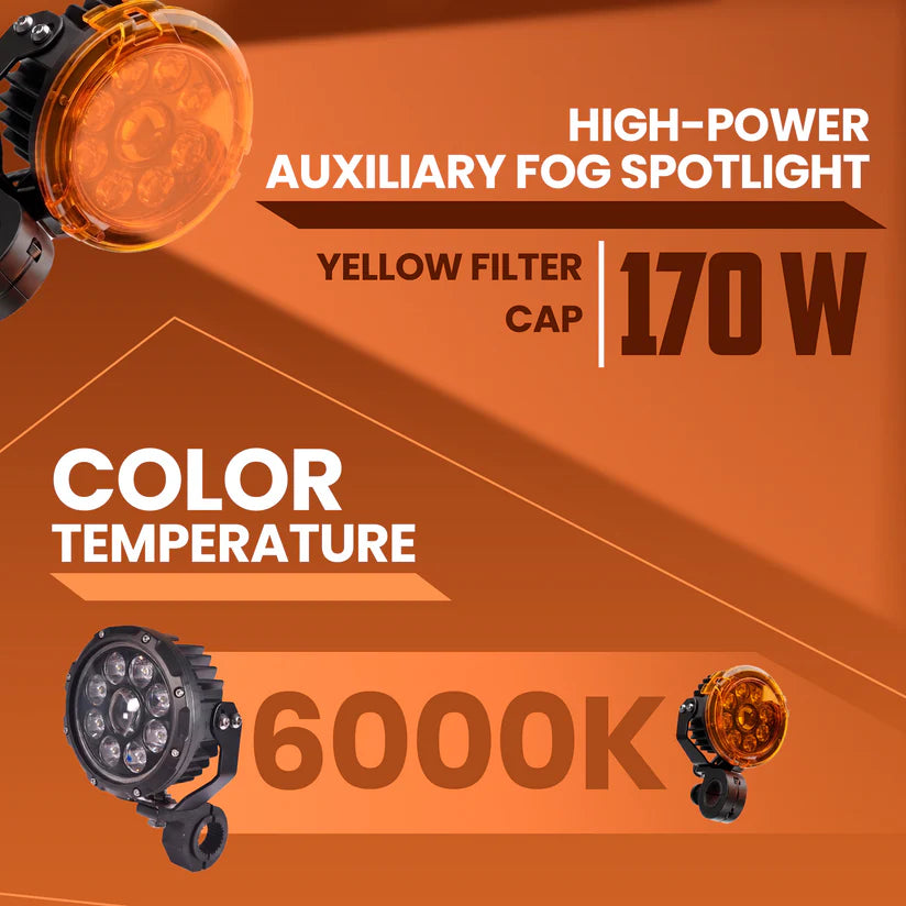 LGP DK-90S 170W LED Spotlight for Bike & Car (Pair) | Yellow Filter, IP67 Waterproof | High Power Auxiliary Driving Fog Light, Universal Fit