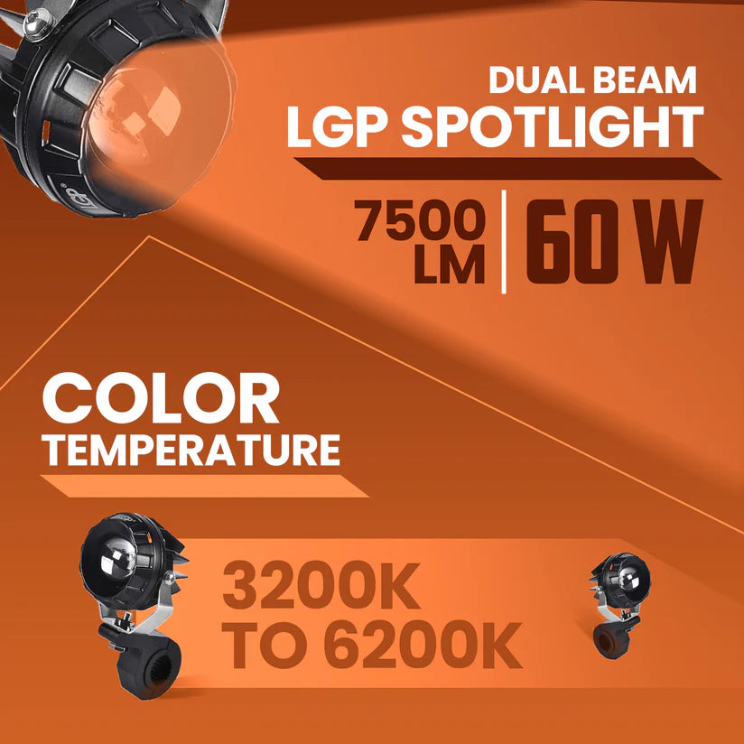 LGP DK330 Dual Beam LED Spotlight for Bike (Pair) | 60W 7500LM Yellow & White | Waterproof, Universal Motorcycle Fit