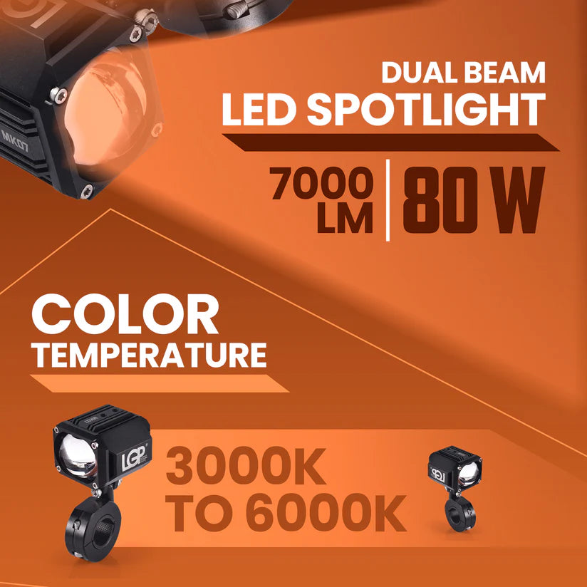 LGP MK07 Dual Beam LED Spotlight for Bike (Pair) | 60W 7000LM Yellow & White | IP67 Waterproof, Universal Motorcycle Fit