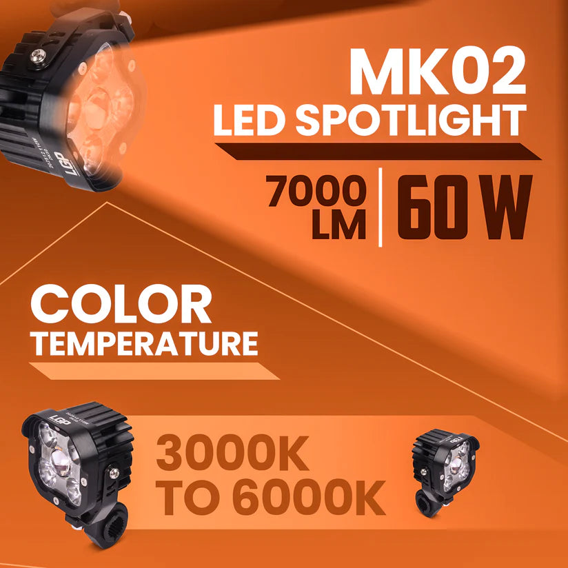 LGP MK02 LED Spotlight for Bike (Pair) | 60W 7000LM, Dual Color Temp 3000K-6000K | Waterproof, Universal Motorcycle Fit