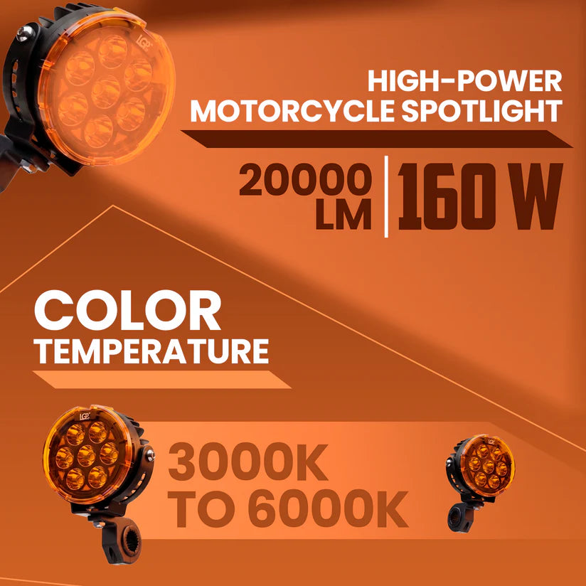 LGP DK80 Pro High Power LED Spotlight for Bike (Pair) | 160W 20000LM | IP67 Waterproof Auxiliary Fog Light, Universal Motorcycle Fit