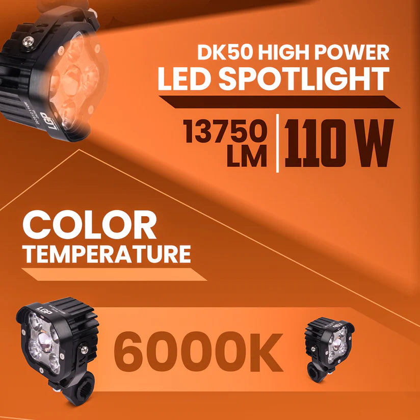 LGP DK50 High Power LED Spotlight for Bike (Pair) | 110W 13750LM | IP67 Waterproof Auxiliary Fog Light, Universal Motorcycle Fit