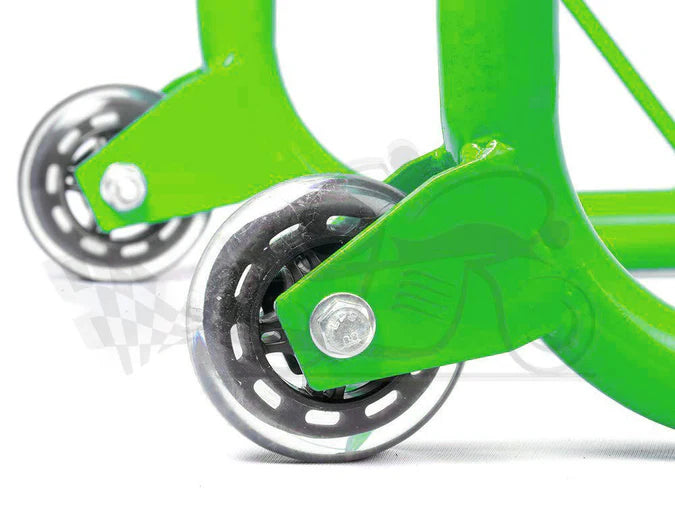 Non-Dismantlable Rear Paddock Stand With Skate Wheels (upto 350 kg) - Green